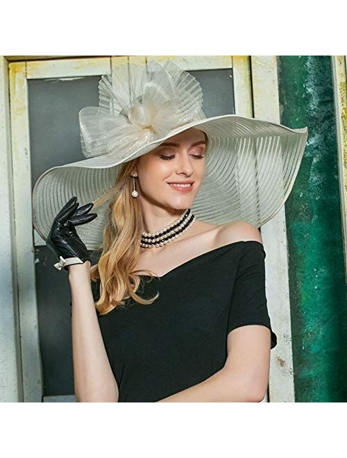 F FADVES Lady's Organza Wide Brim Church Outdoor Party Wedding Fascinator Bow Hats