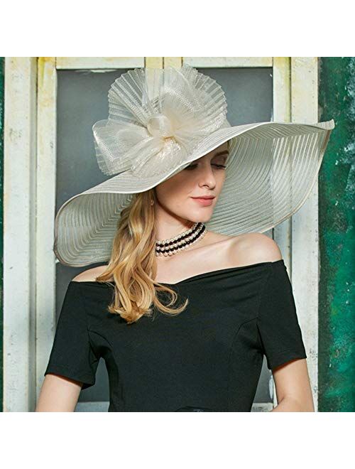F FADVES Lady's Organza Wide Brim Church Outdoor Party Wedding Fascinator Bow Hats