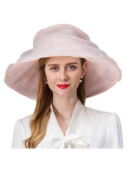 FADVES Women Big Brim Organza Kentucky Derby Dress Church Cloche Fascinator Hat