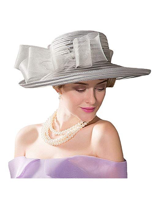 F Fadves FADVES Womens Solid Color Church Wedding Bowler Kentucky Derby Wide Brim Sun Hat