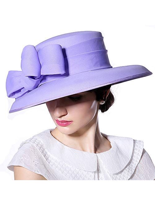 F FADVES Royal Wedding Hats for Ladies Large Brim Fedora Flat Top Church Party Women Kentucky Derby Bowknot Hat