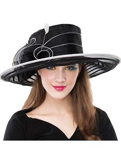 Black Organza Hat for Women Elegant Kentucky Derby Wide Brim Hats Flowers Feather Vintage Hats