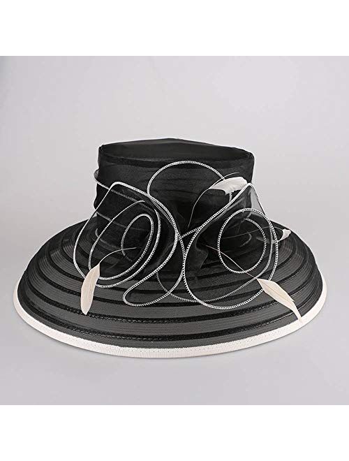 F FADVES Black Organza Hat for Women Elegant Kentucky Derby Wide Brim Hats Flowers Feather Vintage Hats