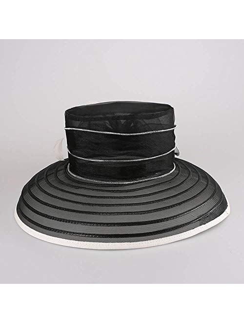 F FADVES Black Organza Hat for Women Elegant Kentucky Derby Wide Brim Hats Flowers Feather Vintage Hats