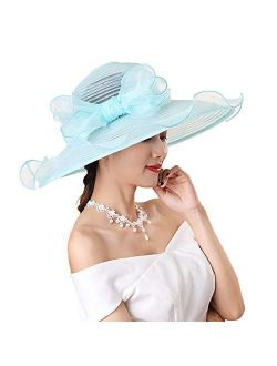 Women's Organza Church Hats Derby Fascinator Cap Wide Brim Kentucky Tea Party Wedding Hat