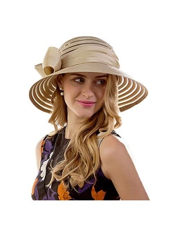 Ladies' Satin Bowknot Cloche Sun Hat Curved Wide Brim Bucket Wedding Party Cap