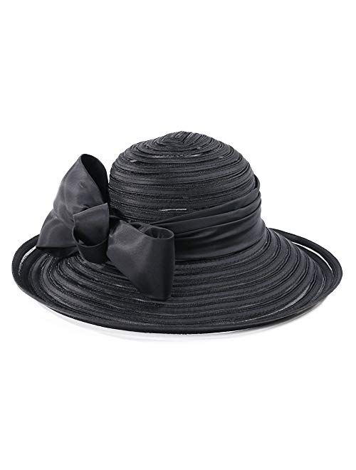 F FADVES Ladies' Satin Bowknot Cloche Sun Hat Curved Wide Brim Bucket Wedding Party Cap