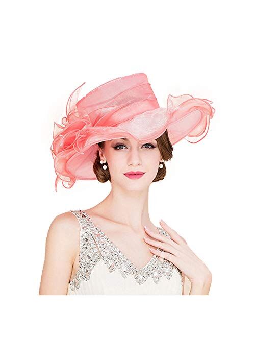 F FADVES Women’s Organza Church Fancy Kentucky Derby Fascinator Wide Brim Tea Party Wedding Hat