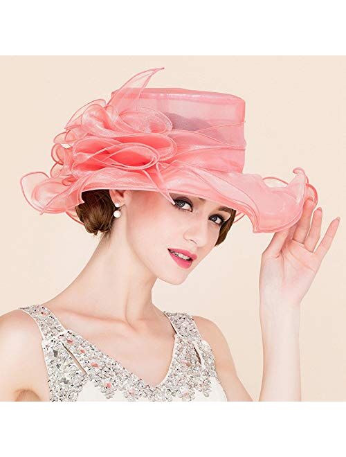 F FADVES Women’s Organza Church Fancy Kentucky Derby Fascinator Wide Brim Tea Party Wedding Hat