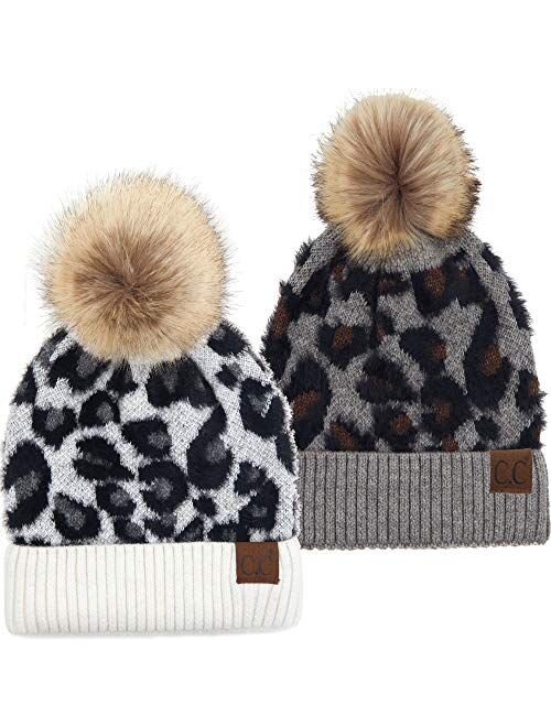 Funky Junque Womens Beanie Leopard Zebra Animal Print Warm Knit Faux Fur Pom Hat