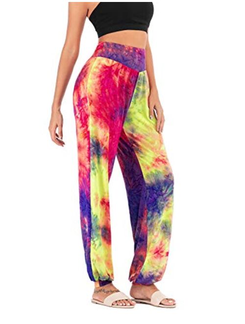 High Waisted Jogger Pants for Women, Loose Tie-dye Print Hippie Sweatpants Harem Yoga Trousers