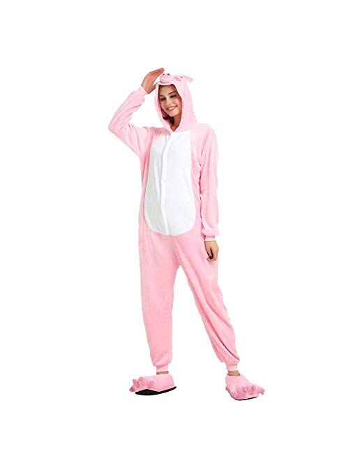 Maqroz Cosplay Onesie Adult Women Pink Pig Jumpsuit Costume Cute Annimal Sleepwear with Pocket and Zipper