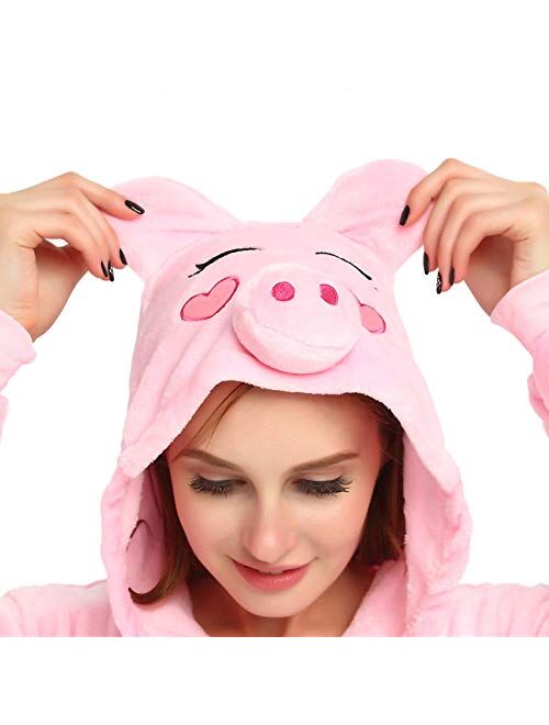 Maqroz Cosplay Onesie Adult Women Pink Pig Jumpsuit Costume Cute Annimal Sleepwear with Pocket and Zipper