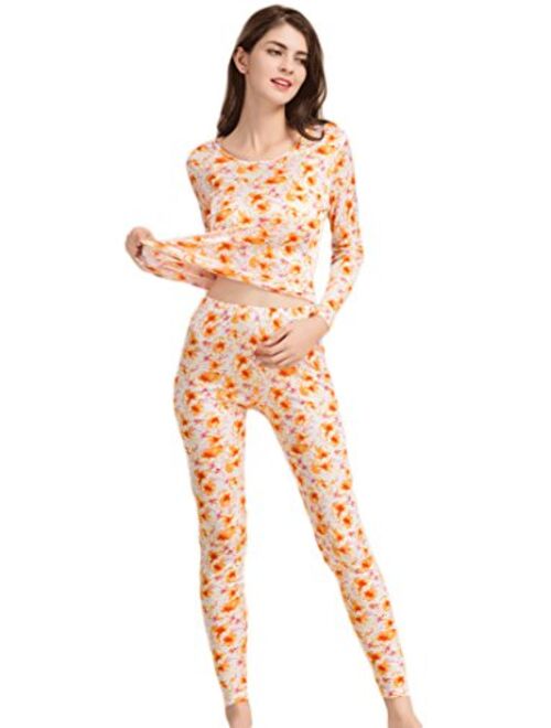 CLC Women's Pure Mulberry Silk Knitted Thermal Underwear Printing Pajama Sets