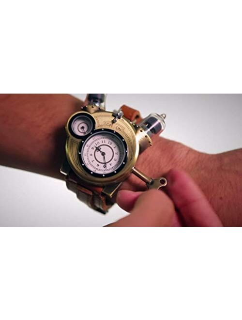 ThinkGeek Steampunk-Styled Tesla Analog Watch Weathered-Brass Look on Metal Findings Plus Leather Strap