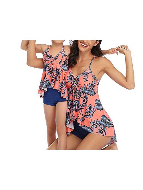 Mommy and Me Matching Family Swimsuit Floral Print One Piece Padding Bathing Suit Mother Daughter Swimwear