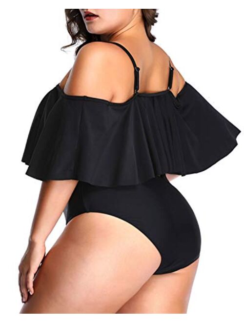 Aqua Eve Women Plus Size One Piece Off Shoulder Swimsuits Lace Up Tummy Control Flounce Bathing Suits