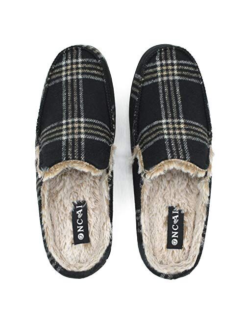 ONCAI Mens Slippers,Warm Cotton-Blend Orthotic Slip-on House Clogs Tweed Plaid Moccasins with Plantar Fasciitis Arch Support Indoor and Outdoor Rubber Soles