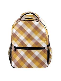 Brown Yellow White Check Pattern Laptop Backpack for Men School Bookbag Travel Rucksack Daypack School Bag for Women Girls