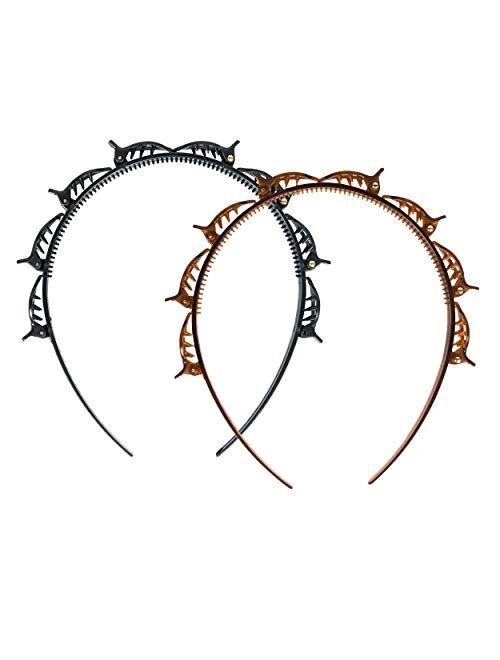 2 Pack Double Bangs Hairstyle Hairpin Headband, Double Layer Twist Plait Headband Hair Tools, Multi-layer Hollow Woven Headband with Alligator Clip for Fashionable Girl K