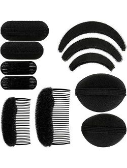 11 Pieces Women Sponge Volume Bump Inserts Hair Bases Hair Styling Tools Hair Bump Up Combs Clips Black Sponge Hair Accessories for Women DIY Hairstyles (Black)