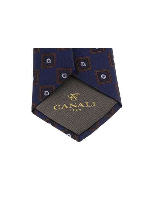 Canali Navy Blue Pure Silk Floral Geometric Pattern Tie- Blade Width 3in for Mens
