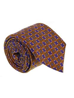 Burnt Orange/Blue Pure Silk Floral Grid Pattern Tie- Blade Width 3in for Mens