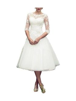 Long Sleeves Lace Short Tea Length Wedding Dress Gown