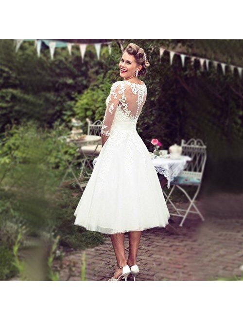 Abaowedding Long Sleeves Lace Short Tea Length Wedding Dress Gown