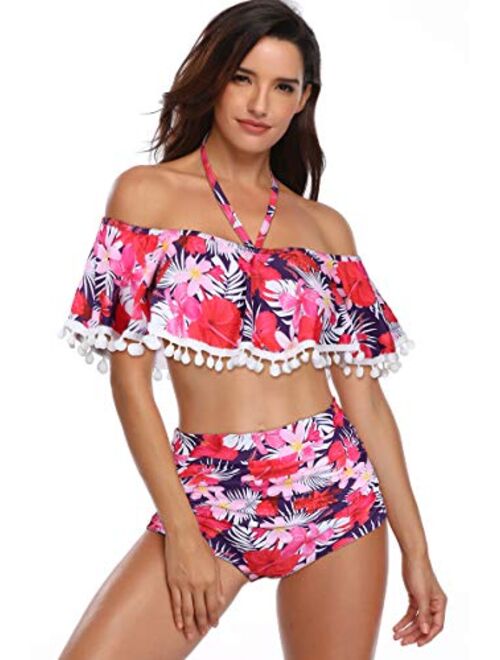 Heat Move Women High Waisted Retro Flounce Off Shoulder Two Piece Swimsuit