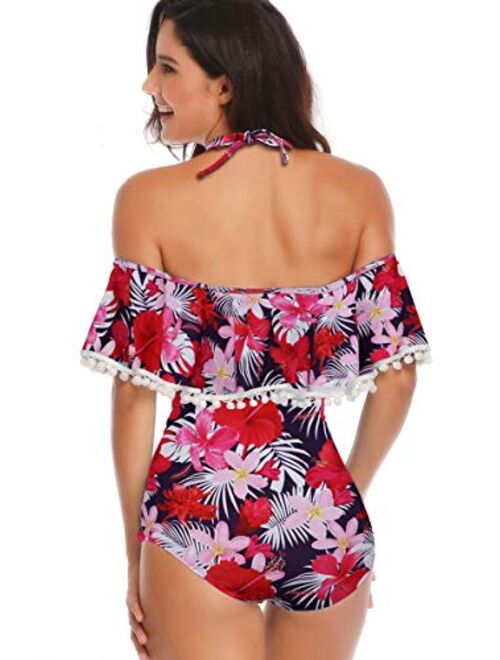 Heat Move Women High Waisted Retro Flounce Off Shoulder Two Piece Swimsuit