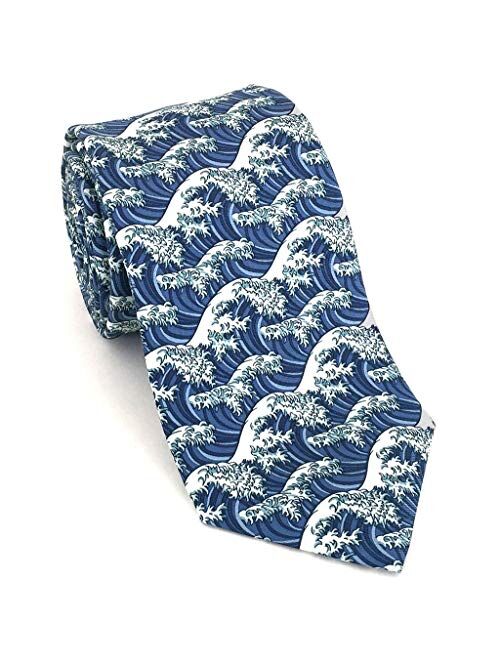 Josh Bach Men's Silk Necktie, Hokusai's Japanese Wave Art Themed Tie in Blue, Made in USA