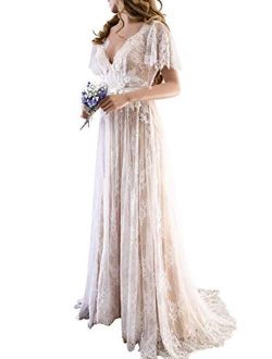 PearlBridal Women's Modest V-Neck Lace Bohemian Beach Wedding Dresses Long Country Wedding Gown