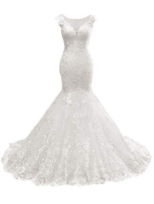 Lace Wedding Dresses Mermaid Long Bridal Gowns Flora Appliques for Bride Vintage Dress