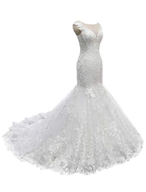 Lace Wedding Dresses Mermaid Long Bridal Gowns Flora Appliques for Bride Vintage Dress