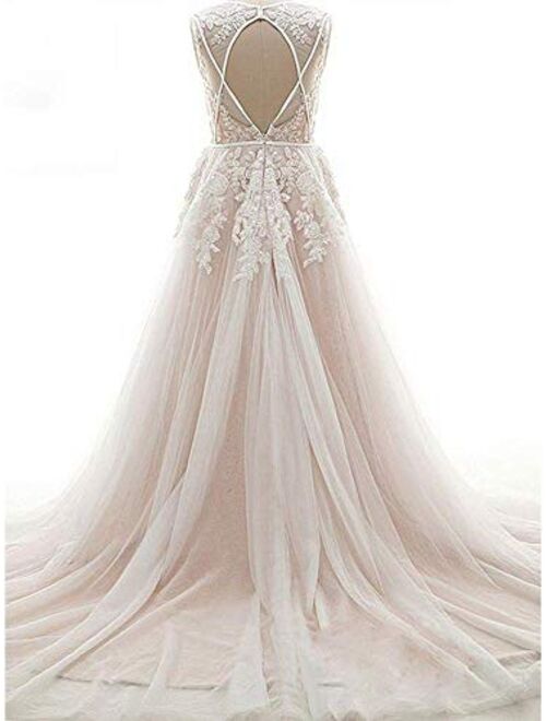 Ruolai A-Line Boho Wedding Dress V Neck Keyhole Back Bridal Gowns