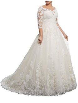 Wedding Dresses Plus Size Bridal Gown Vintage Lace Wedding Dresses for Bride with 3/4 Sleeves