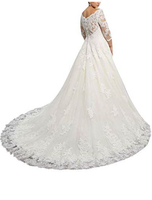 Wedding Dresses Plus Size Bridal Gown Vintage Lace Wedding Dresses for Bride with 3/4 Sleeves