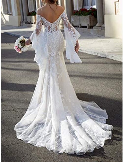 Plus Size Off Shoulder Lace Bridal Gown Mermaid Wedding Dress with Train Detachable Horn Long Sleeve