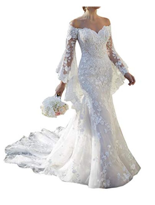 Plus Size Off Shoulder Lace Bridal Gown Mermaid Wedding Dress with Train Detachable Horn Long Sleeve