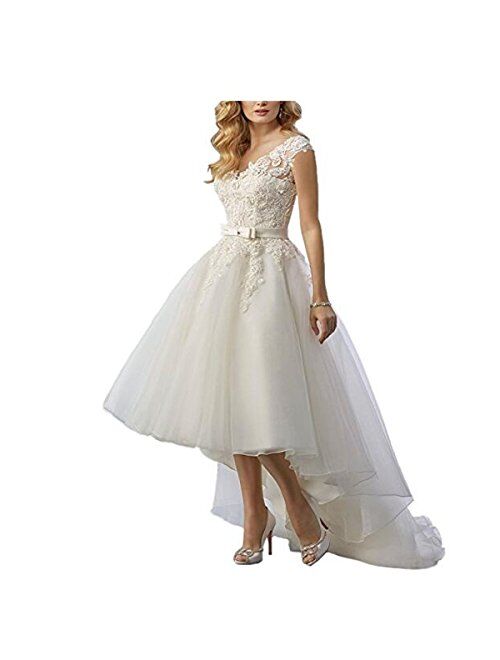 Yuxin Women's High Low Lace Wedding Dresses V-Neck Sleeveless Open Back Bridal Gowns