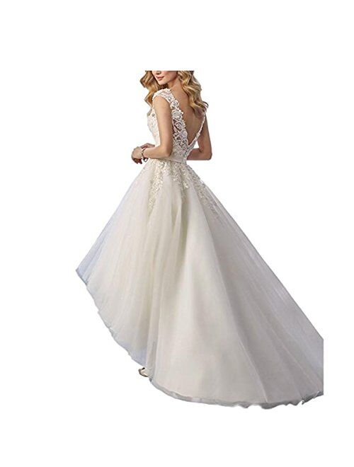 Yuxin Womens High Low Lace Wedding Dresses V-Neck Sleeveless Open Back Bridal Gowns 