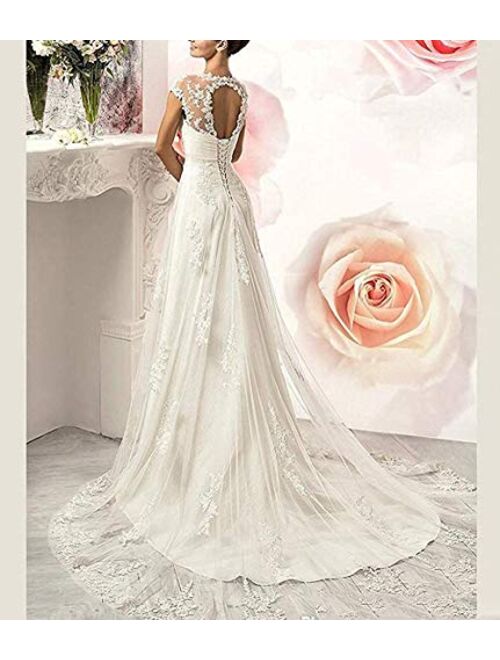 Solandia Lace Empire Waist Open Back Bridal Gowns A-line Wedding Dresses for Bride with Train Long