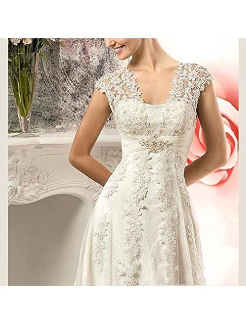 Solandia Lace Empire Waist Open Back Bridal Gowns A-line Wedding Dresses for Bride with Train Long