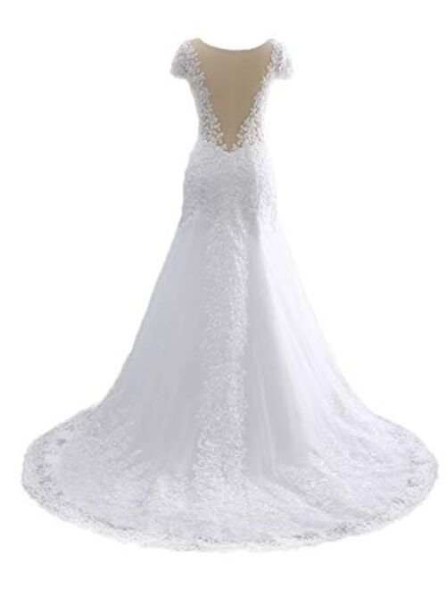 Wedding Dresses Lace Appliques Bridal Gowns Long Vintage Bride Dress Cap Sleeves