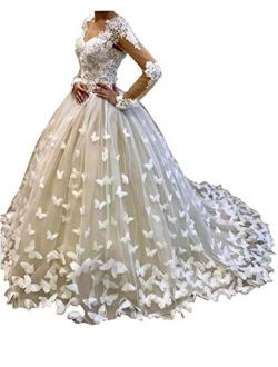 Aries Tuttle 3D Butterfly Lace Puffy Wedding Dress White/Ivory Long Sleeve Bridal Gown