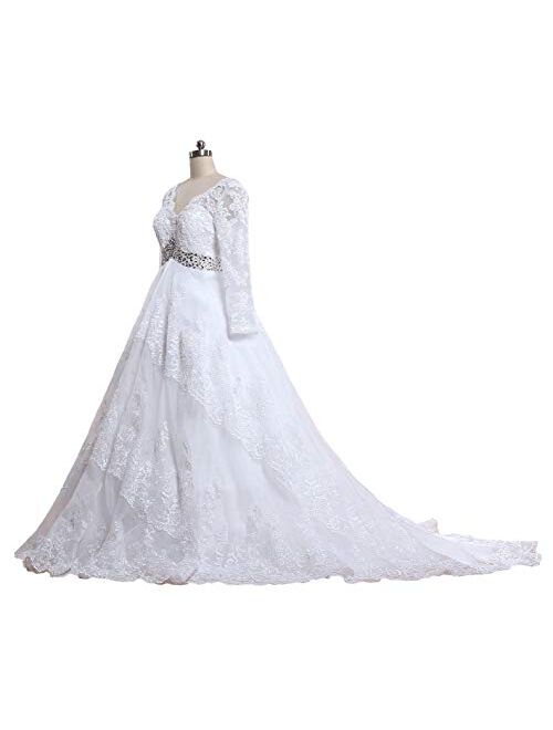 ANTS Women's V Neck Lace Wedding Dress with Sleeves Long