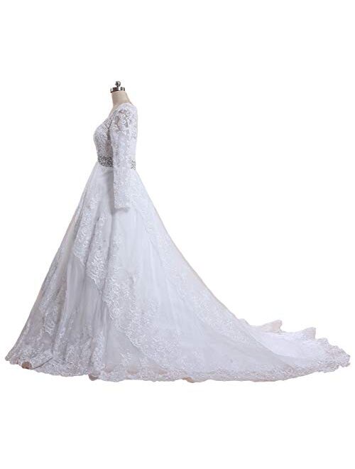 ANTS Women's V Neck Lace Wedding Dress with Sleeves Long