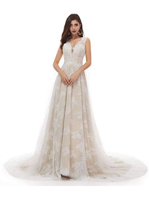 VERNASSA Women's Lace Appliques Boho Wedding Dresses for Bride A-Line V-Neck Backless Bridal Dress Wedding Gowns 2021