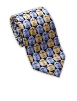 Josh Bach Men's Leonardo da Vinci Vetruvian Man Silk Necktie Blue, Made in USA